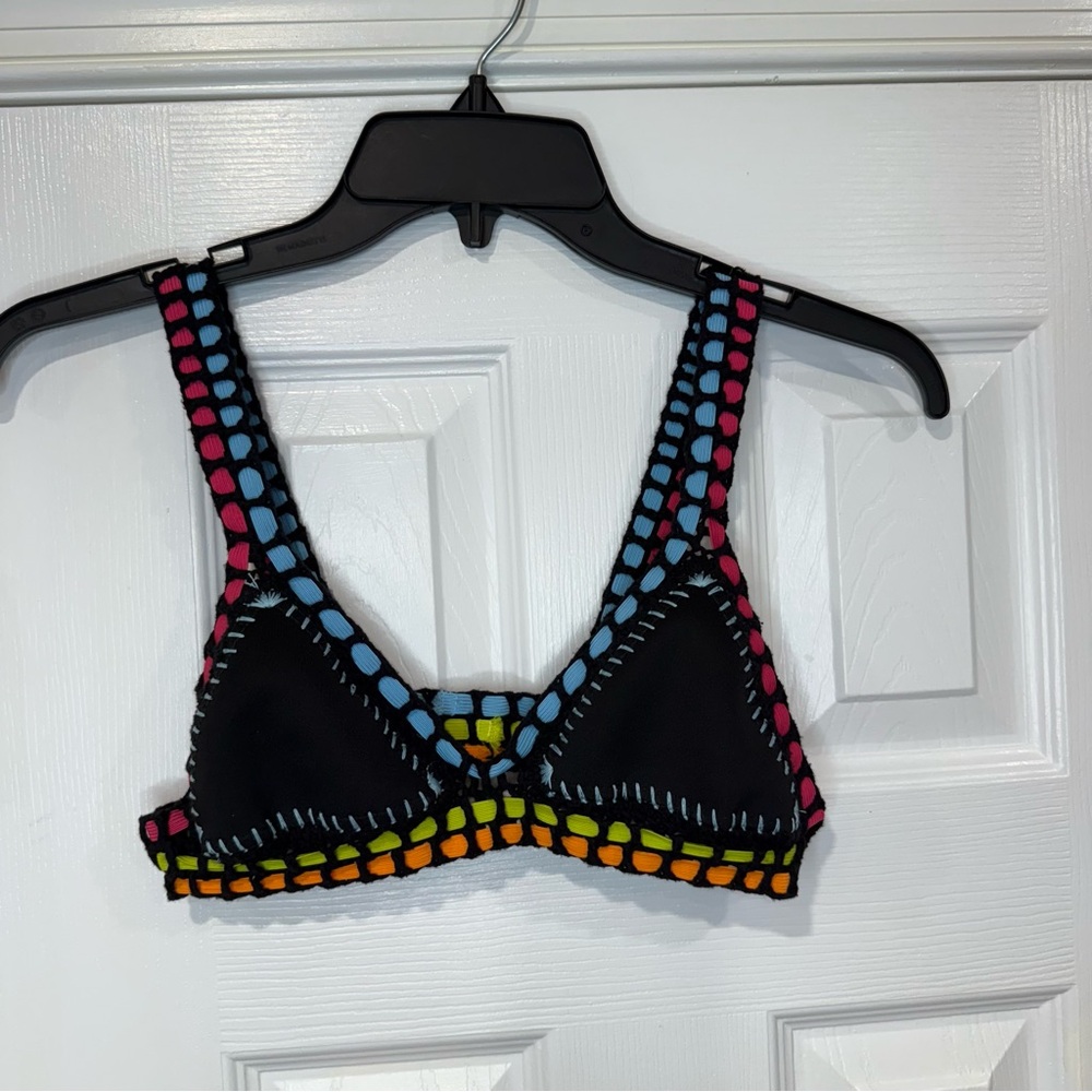 Luxsea Montego Black Crochet Bikini Top Womens Size Small Neon Orange Pink Blue